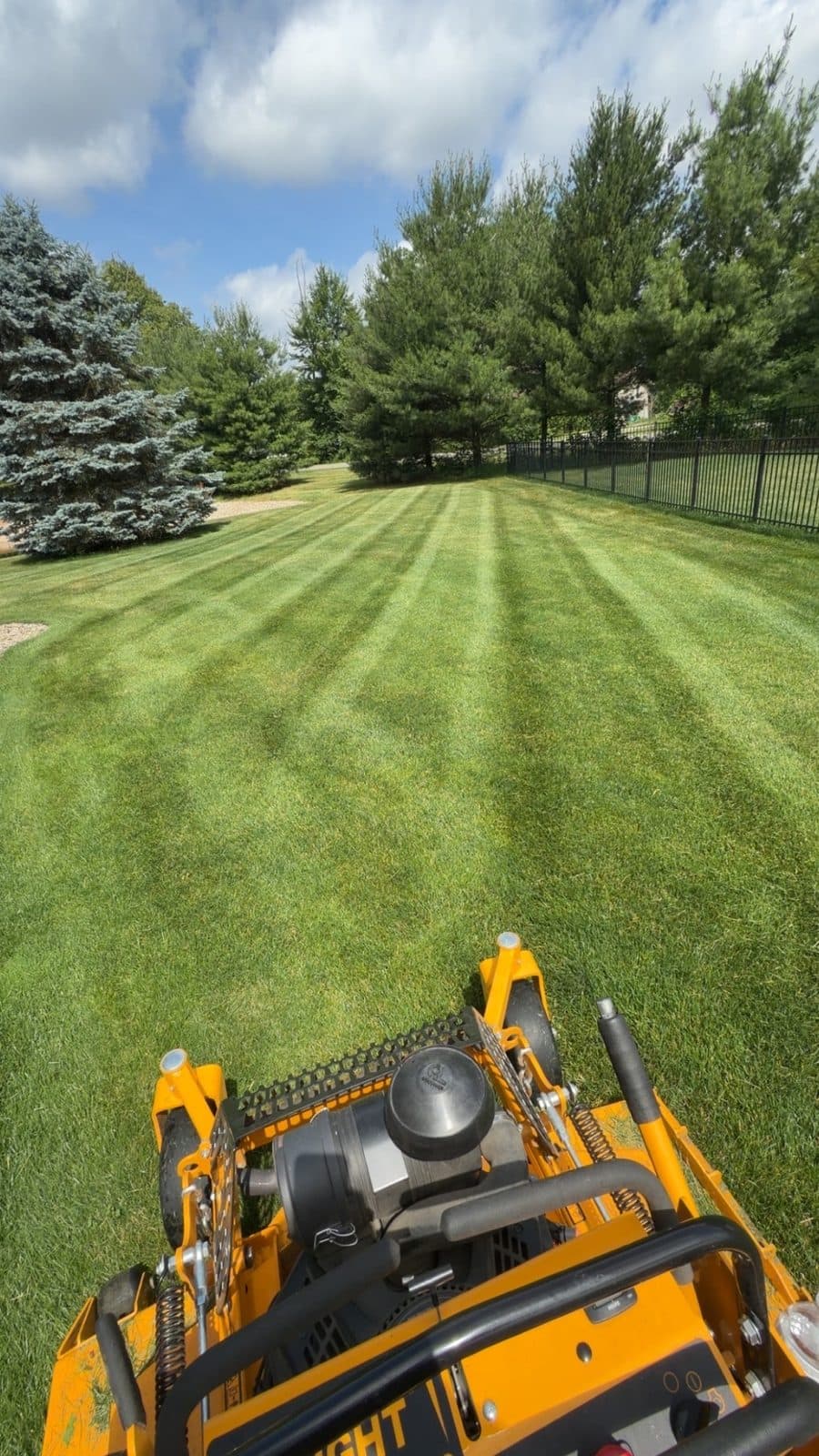 A Fresh Cut Lawns zero-turn mower cutting crisp green stripes across a residential lawn